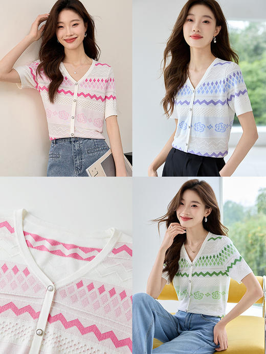 【专属特价】熙世界薄款镂空提花V领针织衫甜美气质短袖冰丝上衣2025夏新款 商品图1