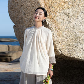 牧衣游原创 提花拼接纯棉套头衫新品轻薄文艺复古民族风上衣 山语