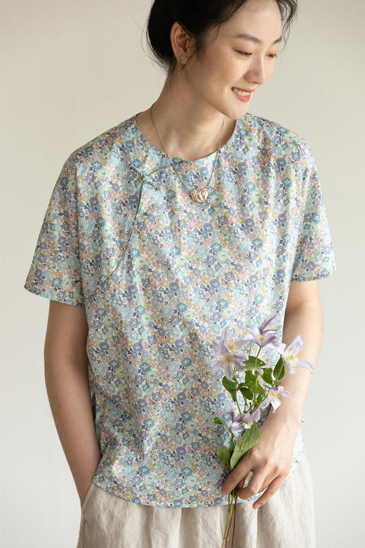 牧衣游原创夏花印花纯棉套头衫轻薄文艺碎花新中式上衣小衫  满弦 商品图5