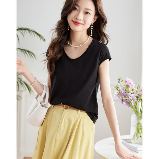 【专属特价】熙世界多色短袖基础款卷边纯色体恤打底外穿V领百搭T恤上衣166ST253 商品图1