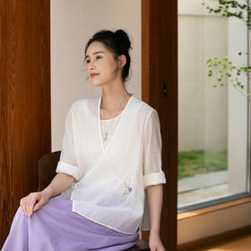 牧衣游原创 丝棉刺绣短外套新款轻薄系带复古文艺百搭开衫 草亭