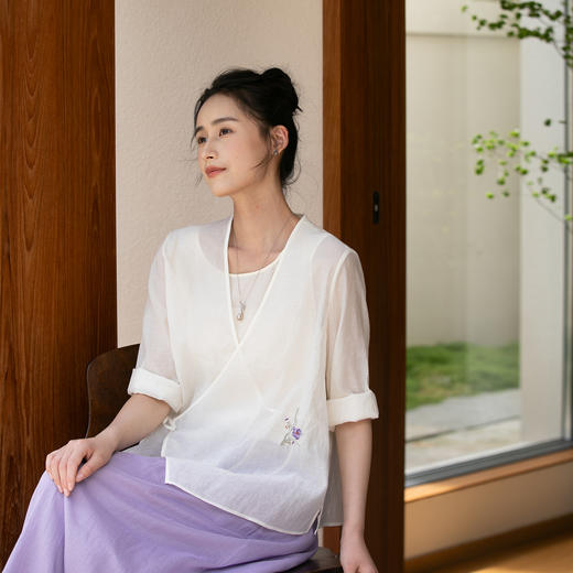 牧衣游原创 丝棉刺绣短外套新款轻薄系带复古文艺百搭开衫 草亭 商品图0