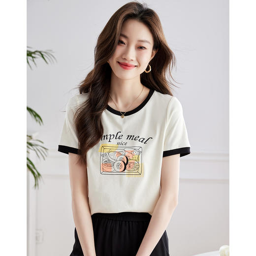【专属特价】熙世界美式复古印花T恤女2025夏季新款时尚撞色圆领短袖体恤上衣 商品图3