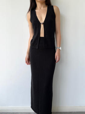 ZAANLI｜ZNSS25044 亚麻粘纤微光卷边针织半裙 [ 浅银白 / 雾黑 ]