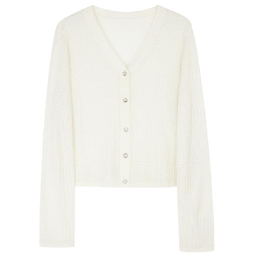 三彩2025秋季新款镂空针织衫V领轻薄毛衫外套短款开衫简约罩衫M 商品图4