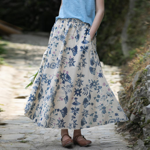 牧衣游原创 手绘印花纯棉半身裙宽松轻薄质朴文艺百搭半裙 禧可 商品图0