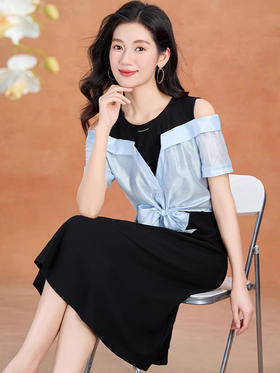 全新升级【铂金会员220/天猫299/差价79】(05228)洛诗琳气质拼接连衣裙2025夏季新款假两连裙子
