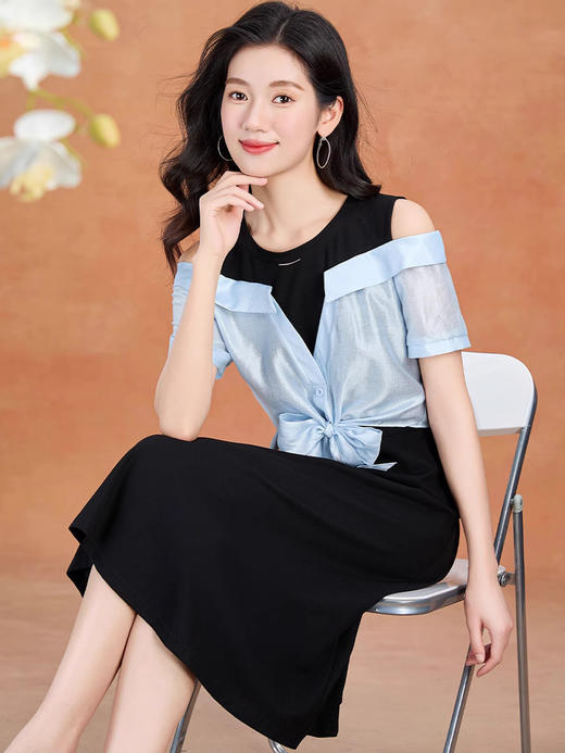 全新升级【铂金会员220/天猫299/差价79】(05228)洛诗琳气质拼接连衣裙2025夏季新款假两连裙子 商品图0