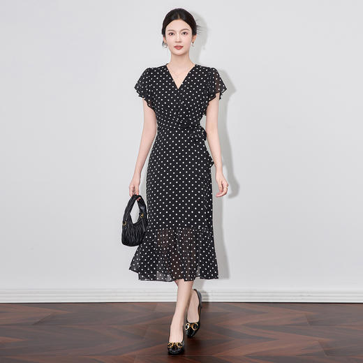 「高货wl」全新升级【铂金会员330/天猫439/差价109】(94130)洛诗琳法式气质波点印花连衣裙2025夏季乔其雪纺收腰裙子 商品图0