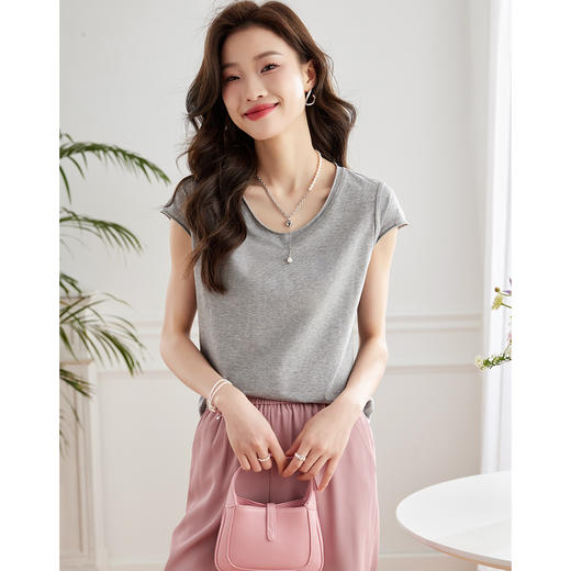 【专属特价】熙世界多色短袖基础款卷边纯色体恤打底外穿V领百搭T恤上衣166ST253 商品图3