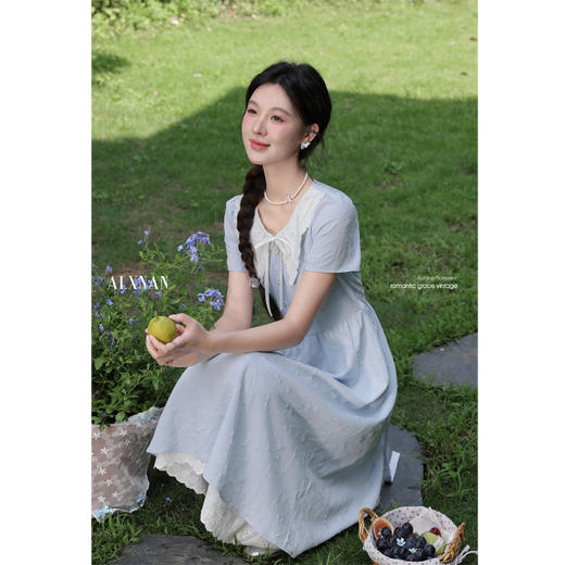 鹿向南「蓝纱缚雾」法式蓝色连衣裙女夏短袖巨好看的掐腰长款裙子 商品图4
