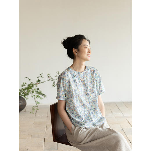 牧衣游原创夏花印花纯棉套头衫轻薄文艺碎花新中式上衣小衫  满弦 商品图1