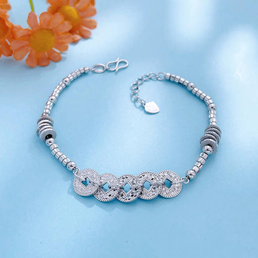 【限时8.8折】【线上铂金馆】PT950 #碎碎冰 #招财纳福 【国际铂金协会】铂金镂空碎碎冰招财五帝币调节手链（内里线为铂金链）(BSL00255)预售产品下单后不退款不退货不换货不补差价) 商品图0