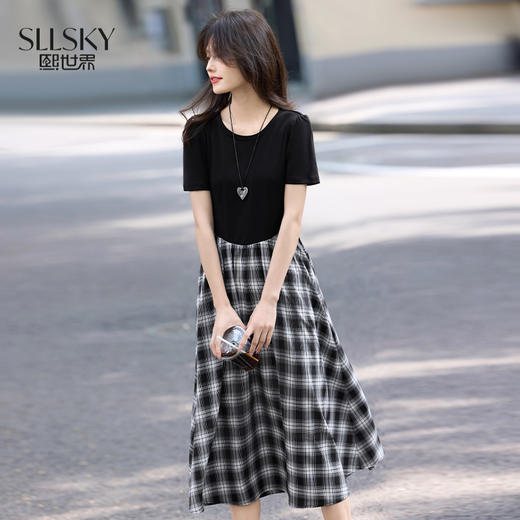 【周四狂欢价】熙世界设计感复古风黑色圆领拼接假两件格纹连衣裙女2025夏天新款 商品图0