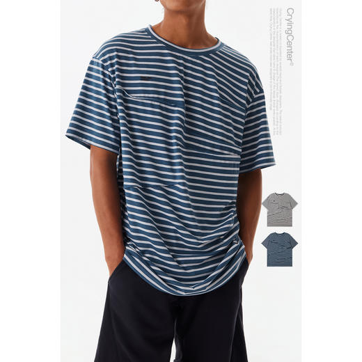 CryingCenter 海洋蓝条纹捏褶短袖tee 哭喊中心 商品图0