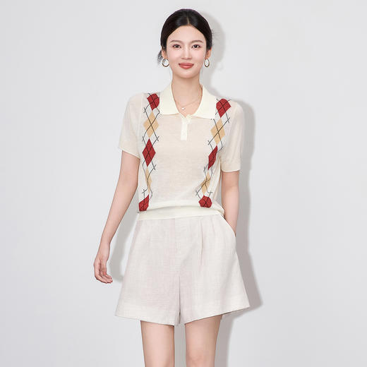 「高货wl」全新升级【铂金会员220/天猫289/差价69】(00723)洛诗琳减龄16针密织超细天丝亚麻菱格纹短袖针织上衣女 商品图0