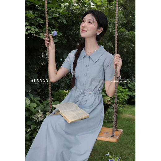 【6折秒杀】鹿向南「风起时分」蓝色法式气质短袖连衣裙女夏通勤翻领衬衫长裙L56110-1 商品图2