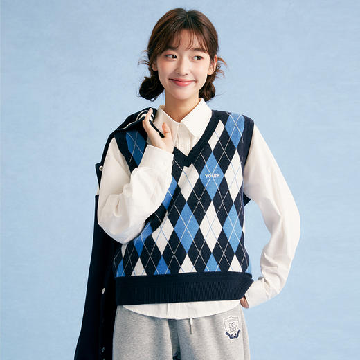笛莎Deesha青少年女童马甲2025秋季女童学院风萎形格毛织背心 商品图0