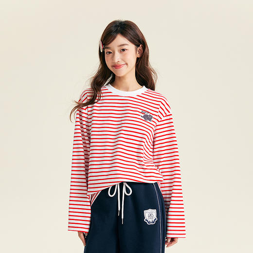 笛莎Deesha青少年女童T恤2025秋季女童红条纹宽松长袖T恤 商品图3