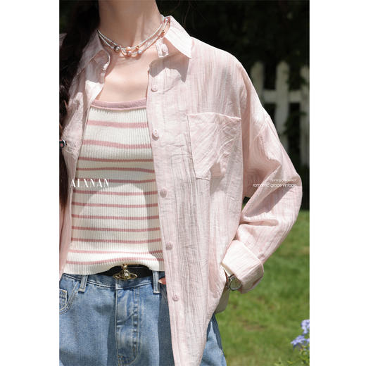 鹿向南「花蝶庄园」粉色长袖衬衫防晒衣女夏季轻薄小个子开衫上衣 商品图2