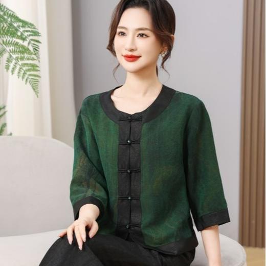 丁摩真丝香云纱新中式真丝夏季宽松7分袖100%桑蚕丝上衣AL5603 商品图3