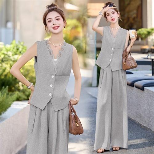 新款舒适领型提升女人味阔腿裤脚穿着透气舒适两件套套裤 商品图1