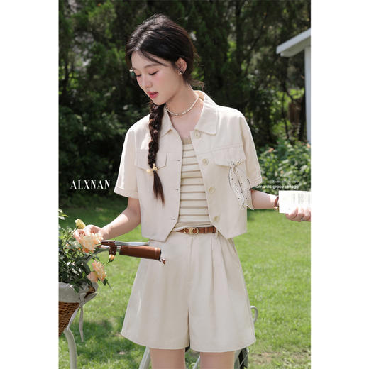 鹿向南「纱之诗笺」米杏色百搭短外套夏季新款时尚外搭短袖上衣女 商品图0