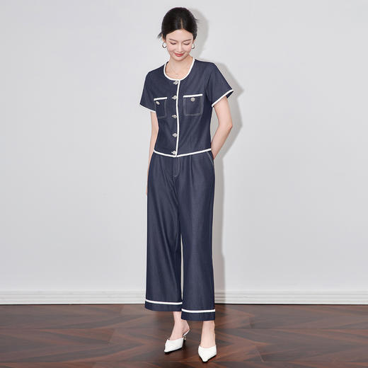 「高货wl」全新升级【铂金会员404/天猫539/差价135】(99901)洛诗琳夏季时尚撞色花边天丝竹节牛仔上衣牛仔裤套装女 商品图0