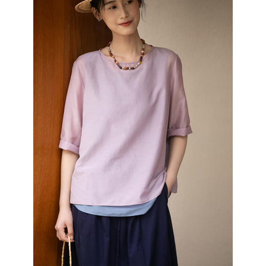 牧衣游原创 丝棉轻薄套头衫新款舒适圆领简约文艺百搭上衣 竹音 商品图3