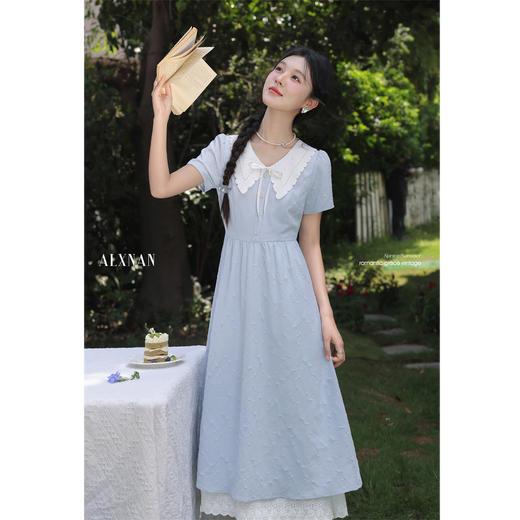 鹿向南「蓝纱缚雾」法式蓝色连衣裙女夏短袖巨好看的掐腰长款裙子 商品图0