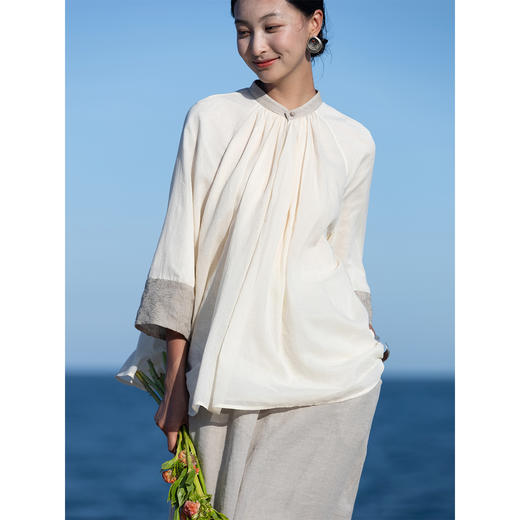 牧衣游原创 提花拼接纯棉套头衫新品轻薄文艺复古民族风上衣 山语 商品图1