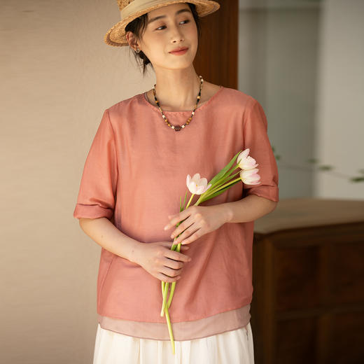 牧衣游原创 丝棉轻薄套头衫新款舒适圆领简约文艺百搭上衣 竹音 商品图0