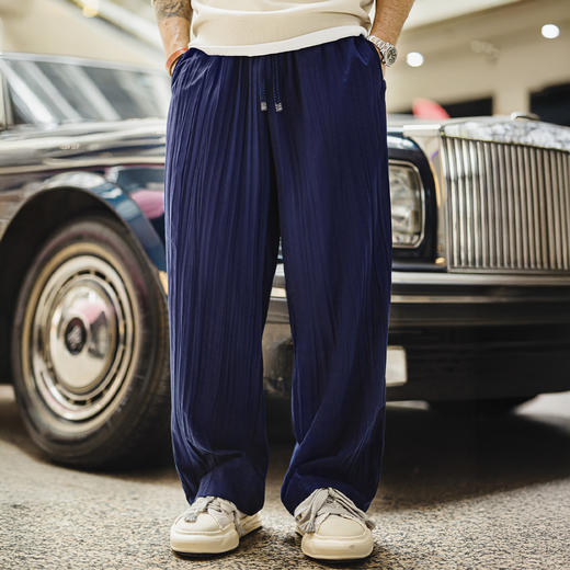 马登工装日系褶皱休闲坐禅裤藏青色轻薄款透气抽绳垂感长裤子男夏 商品图0
