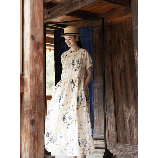 牧衣游原创 印花新疆棉连衣裙新款轻薄文艺古朴新中式长裙 水天清 商品图1