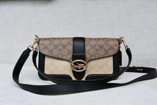 COACH蔻驰 Georgie 27 时尚徽标Logo 涂层帆布拼光滑皮革拼蛇纹压纹皮革 酒神包腋下包手提斜挎单肩包 大号 女款 黑色配卡其色 商品图1