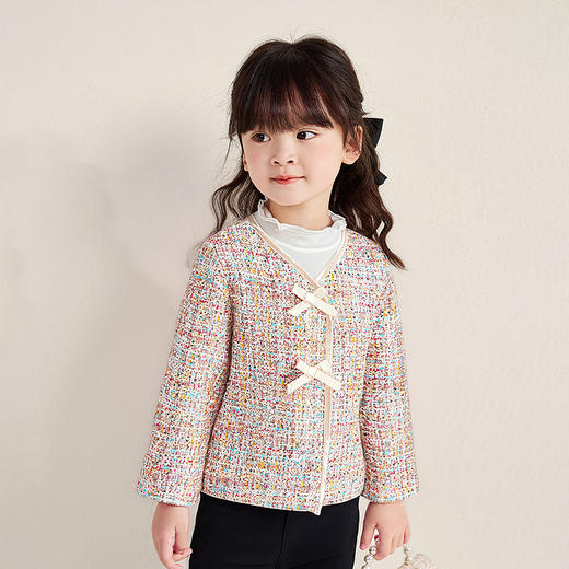 笛莎Deesha 童装女童外套2025秋新款女童金丝香风缎面蝴蝶结装饰外套 商品图1