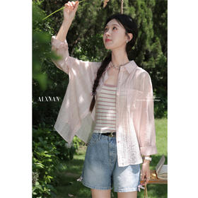 鹿向南「花蝶庄园」粉色长袖衬衫防晒衣女夏季轻薄小个子开衫上衣