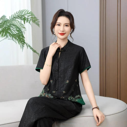 丁摩真丝香云纱龟纹夏季桑蚕款新中式下摆刺绣短袖AL2560 商品图1