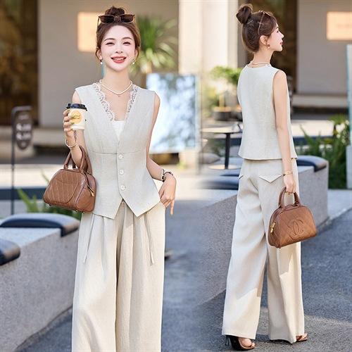 新款舒适领型提升女人味阔腿裤脚穿着透气舒适两件套套裤 商品图2