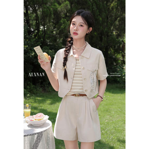 鹿向南「纱之诗笺」米杏色百搭短外套夏季新款时尚外搭短袖上衣女 商品图3