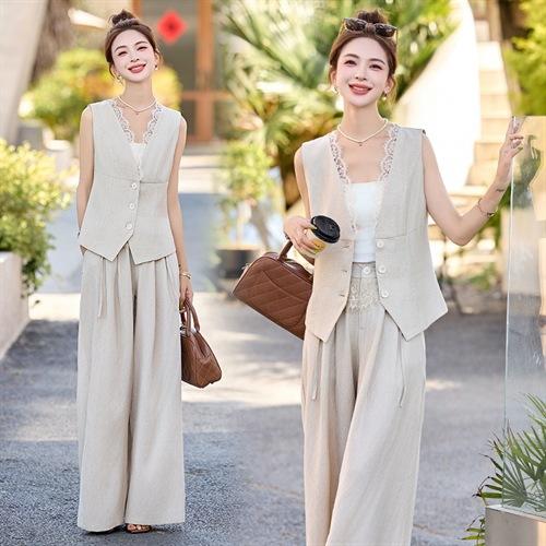 新款舒适领型提升女人味阔腿裤脚穿着透气舒适两件套套裤 商品图4