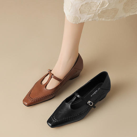 【预售5天】水晶羊皮浅棕色玛丽珍鞋女方头低跟鞋女舒适浅口单鞋百搭YS&7357 商品图1