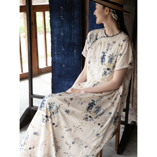 牧衣游原创 印花新疆棉连衣裙新款轻薄文艺古朴新中式长裙 水天清 商品图3