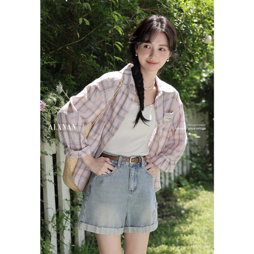 鹿向南「茉海听风」多色格纹长袖衬衫防晒衣女夏宽松时尚开衫上衣 商品图0