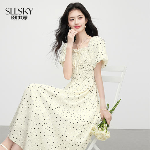 【07/09新品】熙世界法式浪漫度假风收腰花苞短袖方领波点连衣裙女2025夏季新款 商品图0