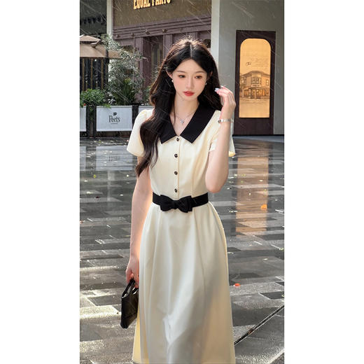 鹿向南「知性优雅」赫本风polo领连衣裙女夏收腰显瘦时尚杏色长裙 商品图0