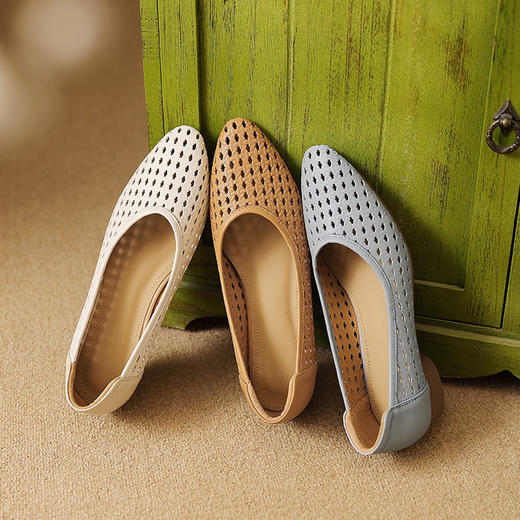 【预售5天】透气镂空编织洞洞鞋夏柔软羊皮中跟圆头真皮软底浅口单鞋女LG&78-1229 商品图4