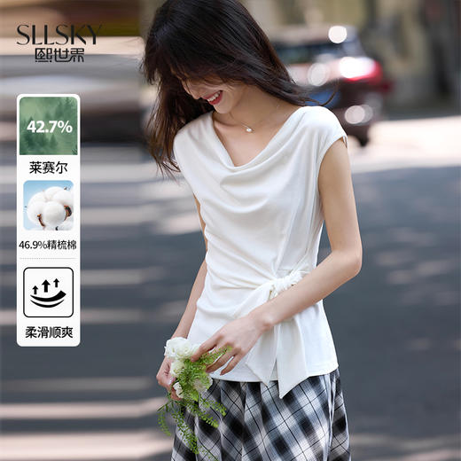 【07/09新品】熙世界一字肩荡领短袖T恤女收腰显瘦夏季设计感气质系带卡腰上衣 商品图0