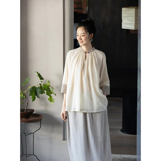 牧衣游原创 提花拼接纯棉套头衫新品轻薄文艺复古民族风上衣 山语 商品图3