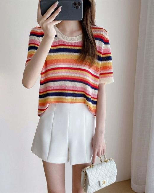 彩虹织U领显瘦醋酸天丝亚麻混纺上衣 商品图3